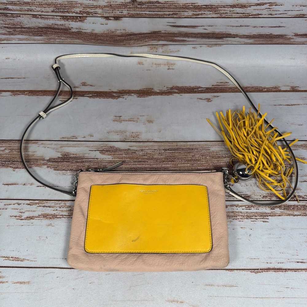 Tory Burch Colorblock Leather Crossbody Bag Goan Sand Daisy Yellow Fringe Fair